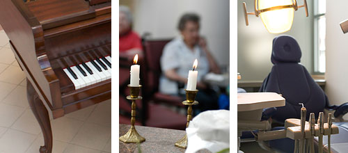 Pictures of a piano, shabbat candles, and dental chair