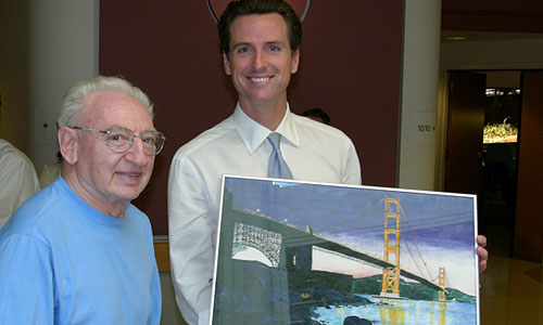 Jewish Home resident Rudy Hooremans made a gift of his original painting of the Golden Gate Bridge